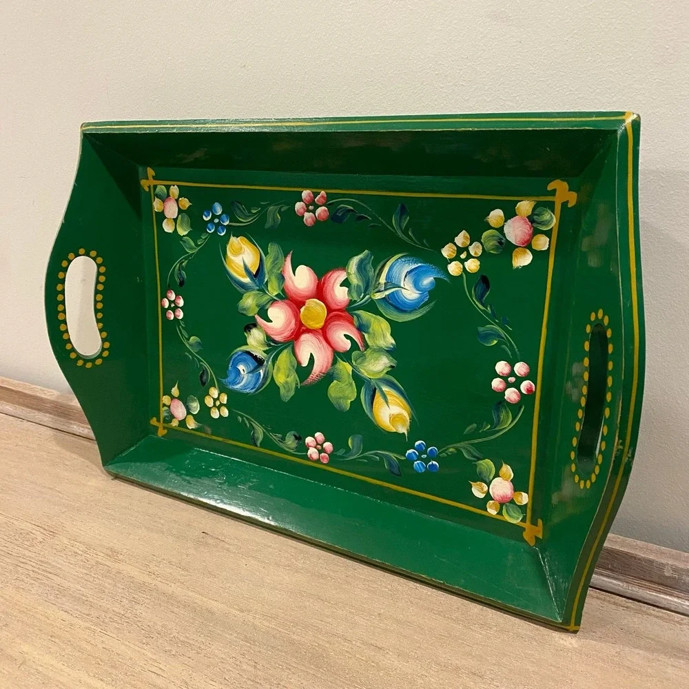 Hand Painted Vintage Wooden Tray | Floral Pattern